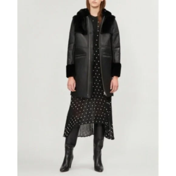 MAJE 38 sz4 SHEARLING Sheepskin Fur Leather Gwette Coat Black Acne Sandro